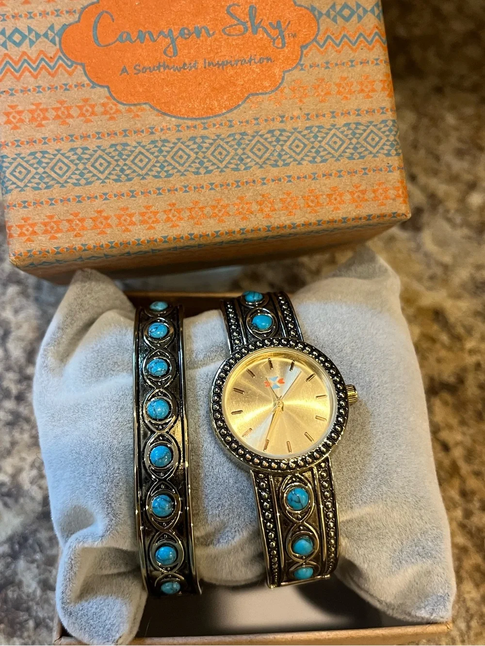 Canyon Sky Turquoise Accent Bangle Watch Set - Gold Tone